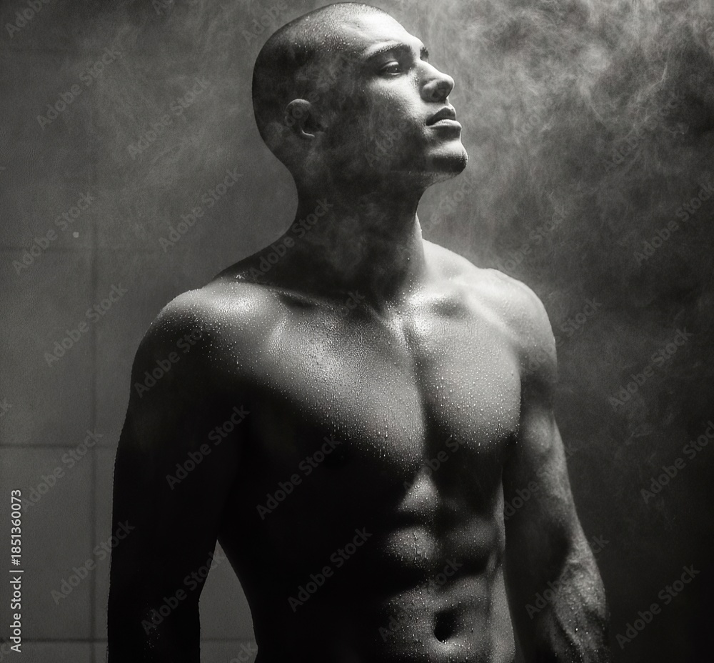Fototapeta premium Muscular Man in Steam: A striking, black and white photograph showcases a muscular man in a moment of introspection, enveloped in a cloud of steam, highlighting strength and vulnerability.