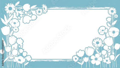 Hand Drawn White Floral Frame on Teal Blue Textured Background, Botanical Illustration with Copy Space for Greeting Cards and Vintage Stationery