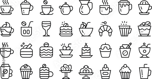 Coffee, Tea and Dessert Line Icons Set with Cups, Cakes, Pastries and Cafe Drinks Vector