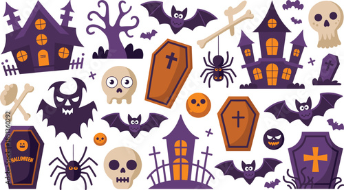 Halloween Spooky Icons Set with Skulls, Coffins, Haunted Houses and Bats Cartoon Vector