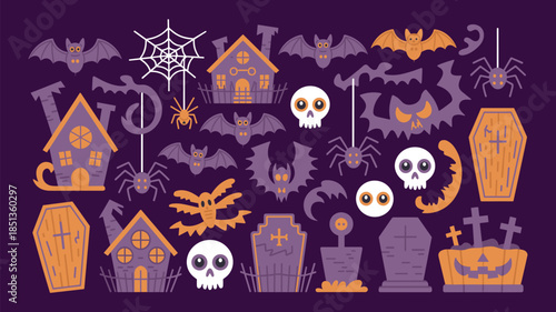 Spooky Halloween Illustration with Haunted Houses, Bats, Skulls and Coffins Vector