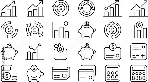 Finance and Analytics Line Icons Set with Charts, Banking, Savings and Accounting Symbols Vector