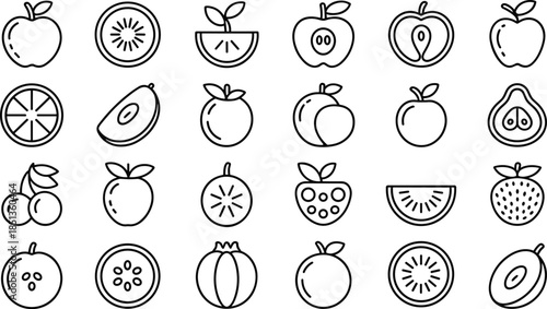 Fruit Line Icons Set with Apple, Citrus, Avocado and Berry Outline Illustrations Vector