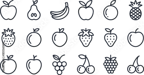 Fruit Line Icons Set with Apple, Banana, Strawberry, Grapes and Fresh Produce Outline Vector