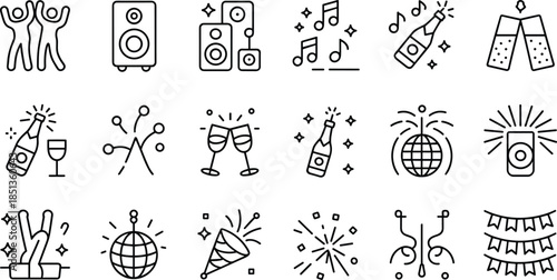 Party and Celebration Line Icons Set with Dancing People, Music, Fireworks and Disco Elements Vector