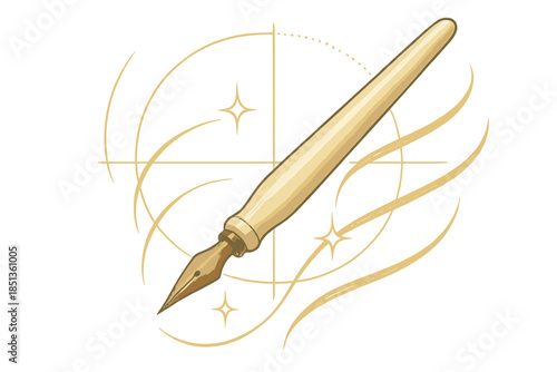 Elegant Calligraphy Setup. a precision calligraphy pen surrounded by gentle alignment guides and shining ink lines, ivory and