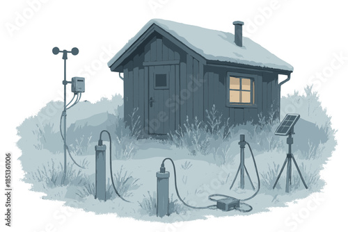 Frosty Ice Field Lab. a cozy field lab surrounded by frost, with sensors connected to deep ice sampling tubes, steel blue and pale