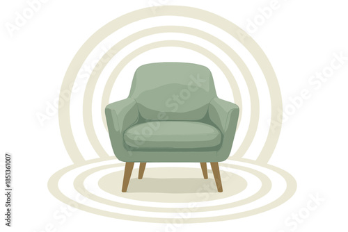 Serene Aura Chair. a chair surrounded by comforting aura rings symbolizing personal calm zone setup, sage and pearl palette, No