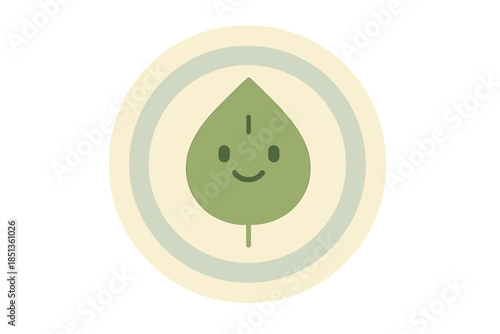 Smiling Leaf Tracker. an emission-reduction tracker with a smiling leaf surrounded by data rings of cleaner air, moss and cream