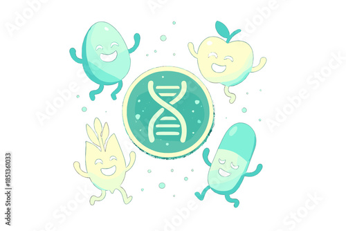 Nutrient Icons Dance. a set of colorful nutrient icons—protein, fiber, vitamins—dancing around a glowing DNA wheel, turquoise and
