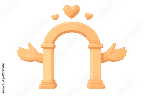 Gateway of Hearts. a welcoming gateway with open arms and glowing hearts hovering above, peach and cream palette, No text, No