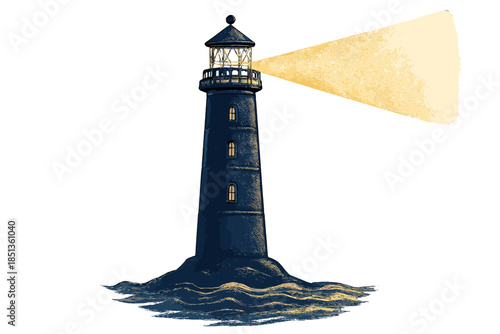 Guiding Lighthouse Glow. a tall friendly lighthouse casting a warm beam across calm waves, clearly illuminating the path ahead,