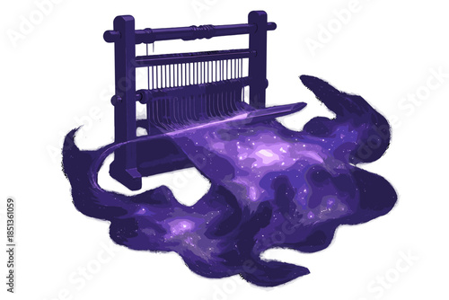 Celestial Weaver. a glowing loom weaving radiant nebula threads into soft cosmic cloth, violet and silver palette, No text, No