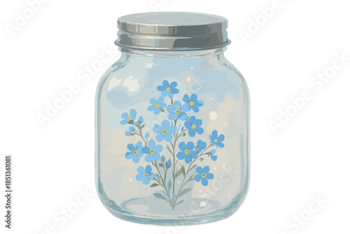 Ethereal Blossom Jar. a transparent “forget-me-not” jar preserving small blue blossoms and glowing light fragments, sky and pearl