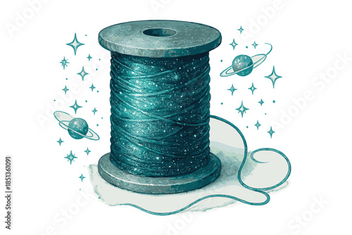 Galaxy Thread and Stars. a spool of shimmering galaxy thread resting beside tiny orbiting stars, turquoise and silver palette, No