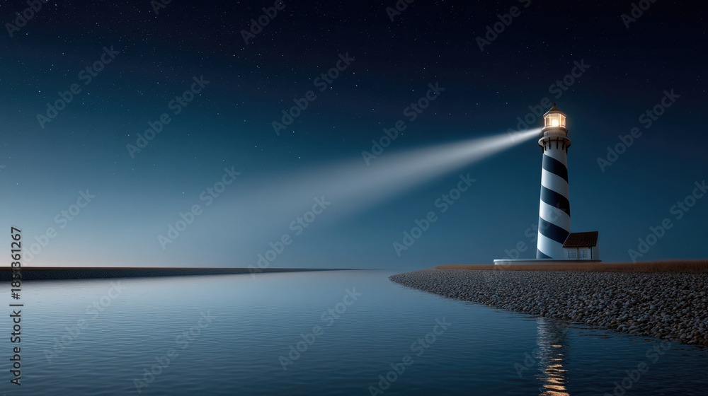 Obraz premium Lighthouse night sea sky beam water coast star building tranquil peaceful navigation safety blue striped architecture guidance shoreline