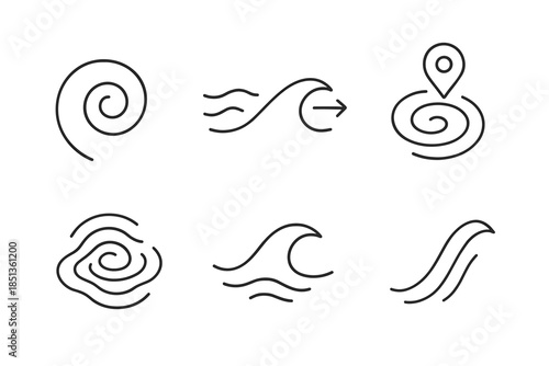 Fluid Motion Icons. Icons for: a fluid spiral marking orientation, a wave-like vortex showing course, a flowing current indicator,