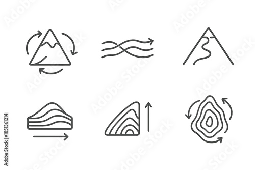 Topographic Icon Set. Icons for: a topographic peak aligning motion, a contour ridge harmonizing flow, a summit path symbolizing