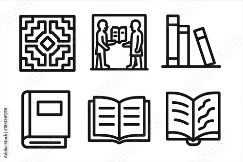 Geometric Codex Patterns. Icons for: a geometric codex pattern, a linear manuscript mural, a minimalist book wall design, an