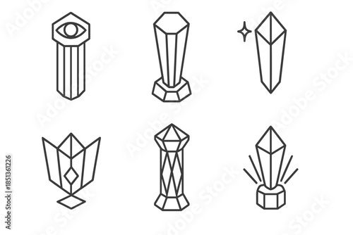 Geometric Visionary Icons. Icons for: a geometric column of foresight, a polygonal pillar symbolizing vision, a structured prism