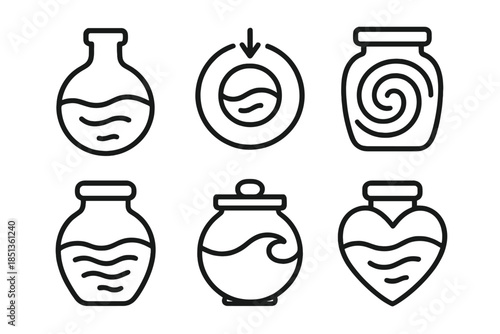 Swirl Flow Icons. Icons for: navel-like flow vessels, rounded water hubs with inward pull, core swirl containers, umbilical