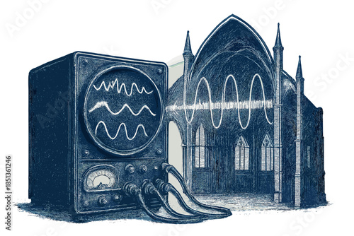 Soundwaves in Cathedral. a historical acoustics analyzer projecting soundwave diagrams inside a cathedral outline, cobalt and