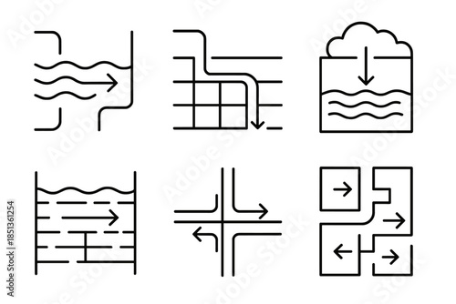 Abstract Water Navigation. Icons for: abstract water navigation diagrams, geometric underground flow maps, minimalist aquifer