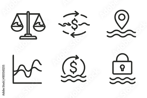 Marine Finance Icons. Icons for: tidal balance stations, current-based finance icons, flow-guided capital markers, wave