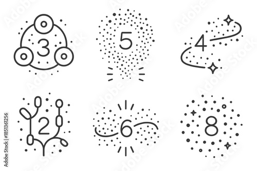 Magical Counting Icons. Icons for: magical counting that links elements, glowing numbers binding particles, enchanted tallies