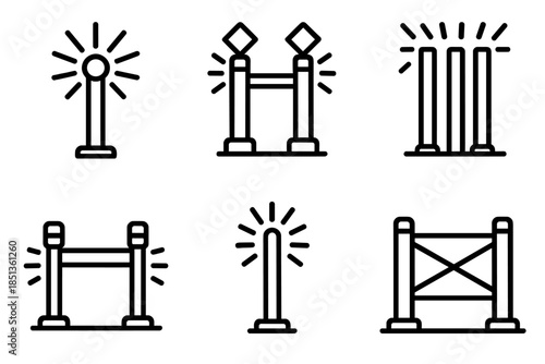 Luminous Safety Icons. Icons for: radiant energy posts, luminous defense markers, shining protection columns, glowing guard beams,