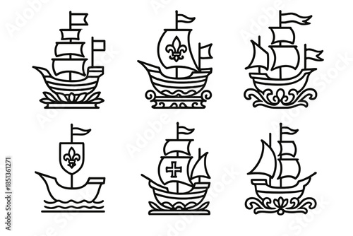 Ornate Ship Icons. Icons for: regal vessel displays, ornate ship showcases, royal bannered decks, elegant mast symbols, heraldic