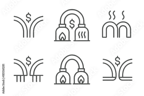 Curved Payment Icons. Icons for: double-curved payment hops, mirrored arc furnaces, twin-bowed mint heaters, symmetrical money