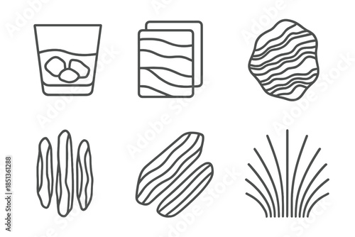 Translucent Rock Glass Art. Icons for: linear rock glass art, layered translucent stone panels, structured mineral streaks,