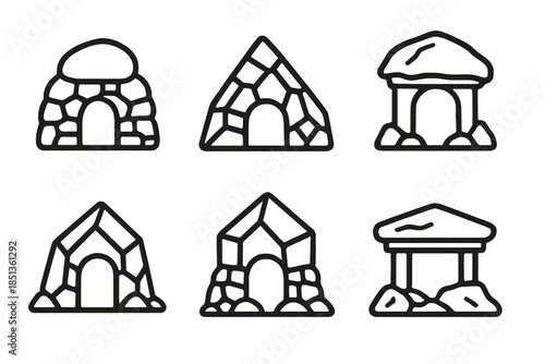 Stone Sanctuary Icons. Icons for: natural rock sanctuary icons, organic stone garden houses, earthy mineral shelter outlines,
