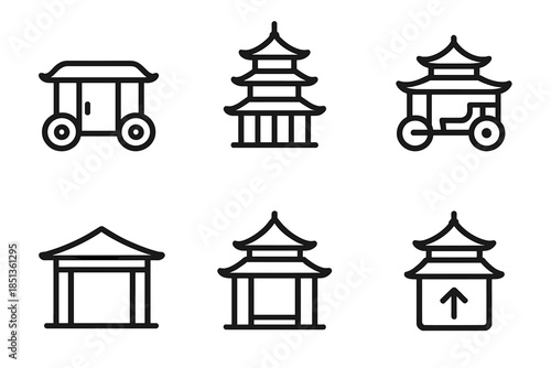 Transport Shelter Icons. Icons for: enclosed transport pagodas, layered tower enclosures, multi-tier carriage shelters, framed
