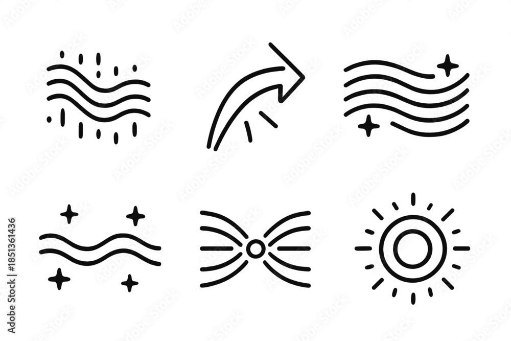 Fototapeta premium Radiant Flow Convergence. Line vector icons of a quivering flow finding its target: trembling current lines, luminous directional