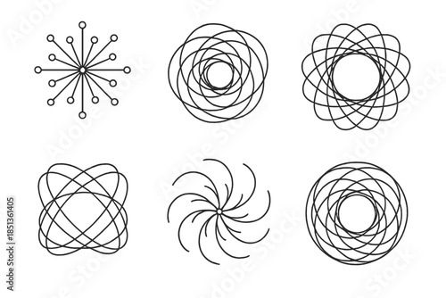 Intricate Line Movement. Line vector icons of intricate moving centers: detailed web nodes, spinning connection lines, rotating