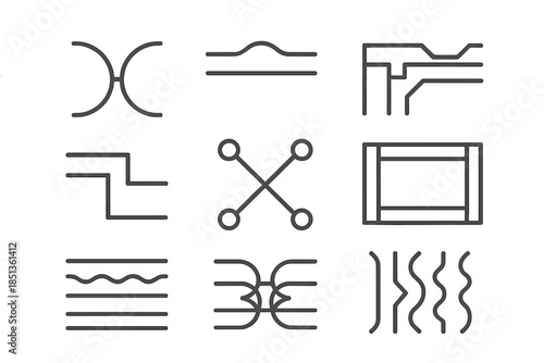 Hidden Fastening Icons. Line vector icons of hidden structural fastenings: abstract connector arcs, subtle ridge links, concealed