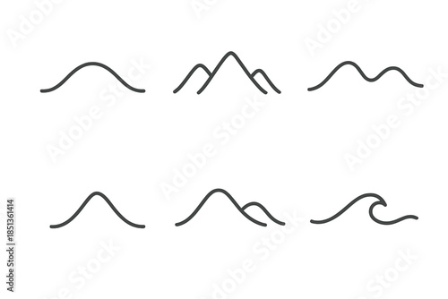 Harmonious Elevation Curves. Line vector icons of harmonious elevation curves: balanced rise arcs, unified mountain lines, flowing