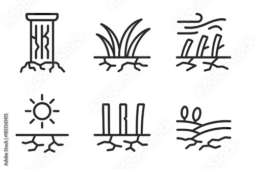 Parched Prairie Columns. Line vector icons of a thirsty prairie column: cracked stem outlines, parched grass arcs, dry wind-bent