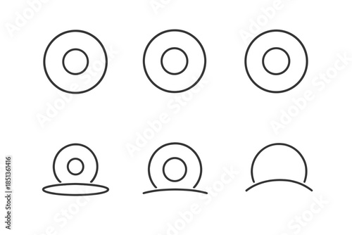 Serene Halo Icons. Line vector icons of serene outer halos: calm circular glows, still luminous outlines, soft horizon rings,