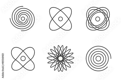 Intricate Vector Patterns. Line vector icons of a dynamic center bound in intricate patterns: structured motion cores, woven orbit