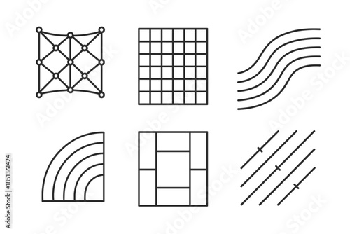 Intricate Mesh Designs. Line vector icons of refined structural meshes: delicate lattice paths, precise grid outlines, harmonic