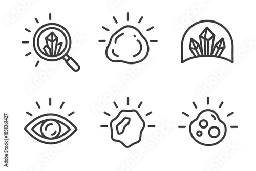 Luminous Geological Icons. Line vector icons of luminous geological visions: radiant mineral lenses, glowing rock forms,