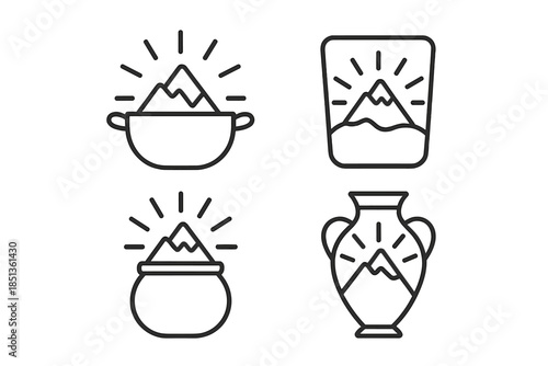Luminous Summit Vessels. Line vector icons of radiant summit vessels: luminous guiding pots, glowing mountain containers, radiant