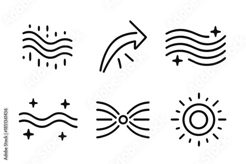 Radiant Flow Convergence. Line vector icons of a quivering flow finding its target: trembling current lines, luminous directional