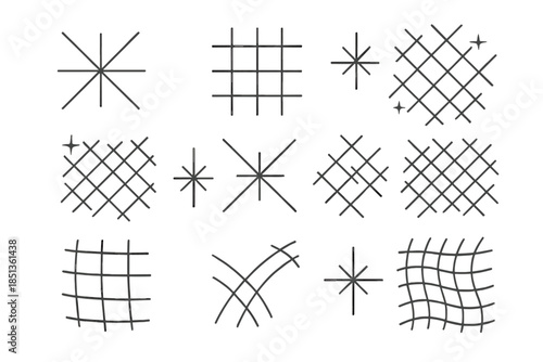 Radiant Navigation Patterns. Line vector icons of bright navigational lattices: radiant crisscross patterns, luminous grid