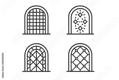 Mosaic Gateway Icons. Line vector icons of a mosaic gateway to comprehension: patterned portal grids, glowing tile outlines,