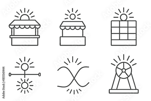 Radiant Destiny Icons. Line vector icons of radiant destiny structures: luminous market nodes, glowing fate stalls, radiant booth