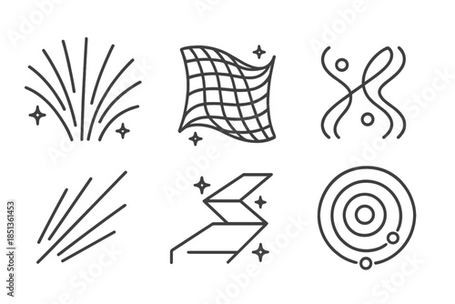 Glowing Visionary Motions. Line vector icons of glowing visionary motions: radiant creative arcs, luminous illusion grids,